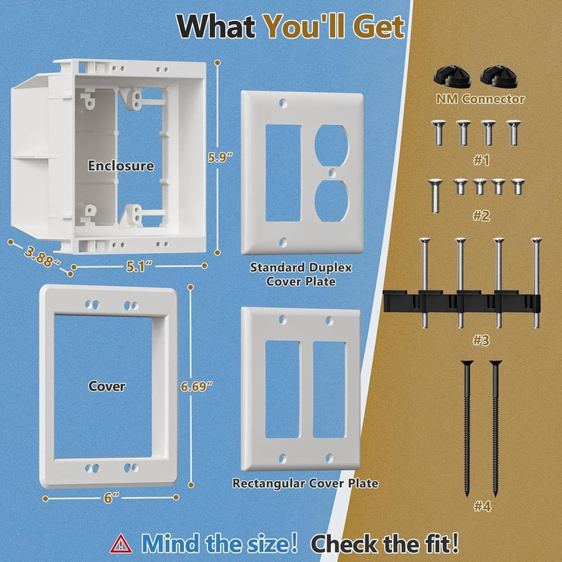 Dremica TVBU505-1 Recessed Outlet Box, Recessed Electrical Box for Wall Mount TV, Outlet Mounting Box for New Construction&Retrofit Projects, Wall Outlet Box with Duplex & Decorator Style Covers,2-Gang - Image 4